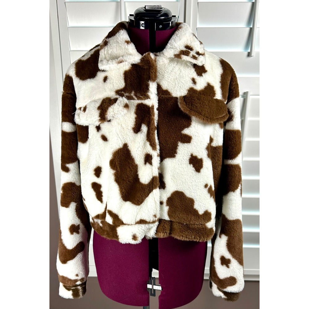 WoWo Faux Fur Cow Print Jacket Brown White Cropped Snap Front Pockets Large